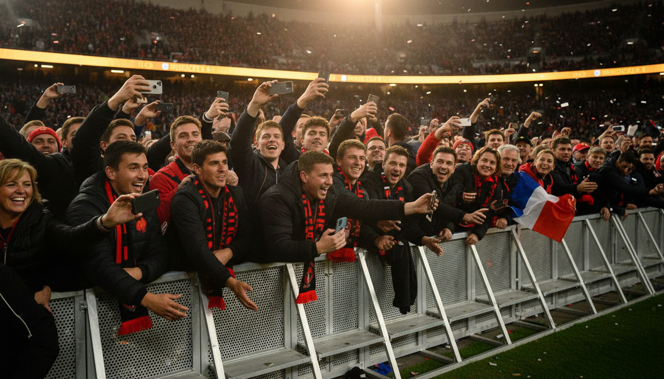 Supporters de rugby prenant des selfies au Stade de France