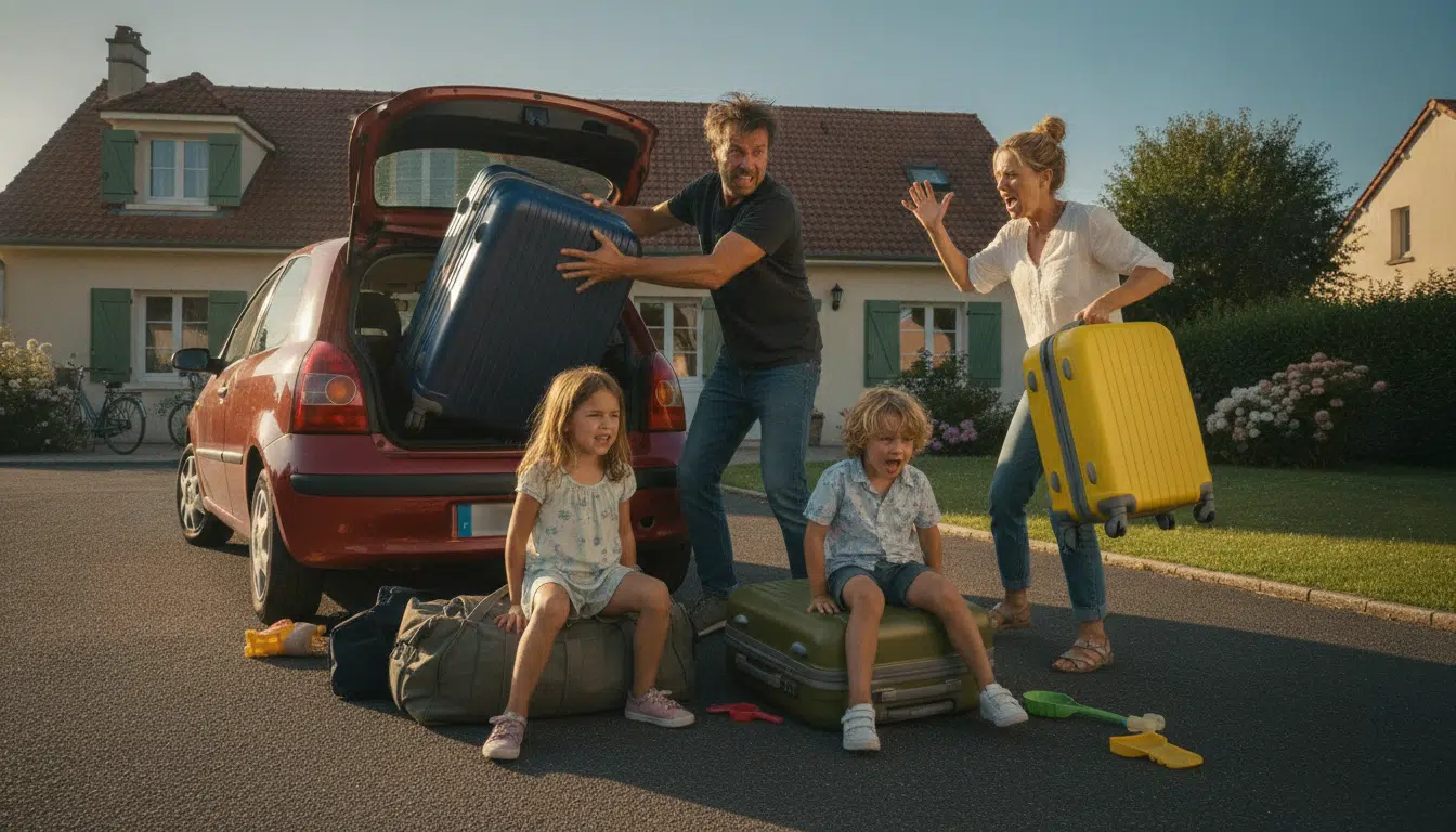 Famille tentant de charger des valises dans un coffre de voiture