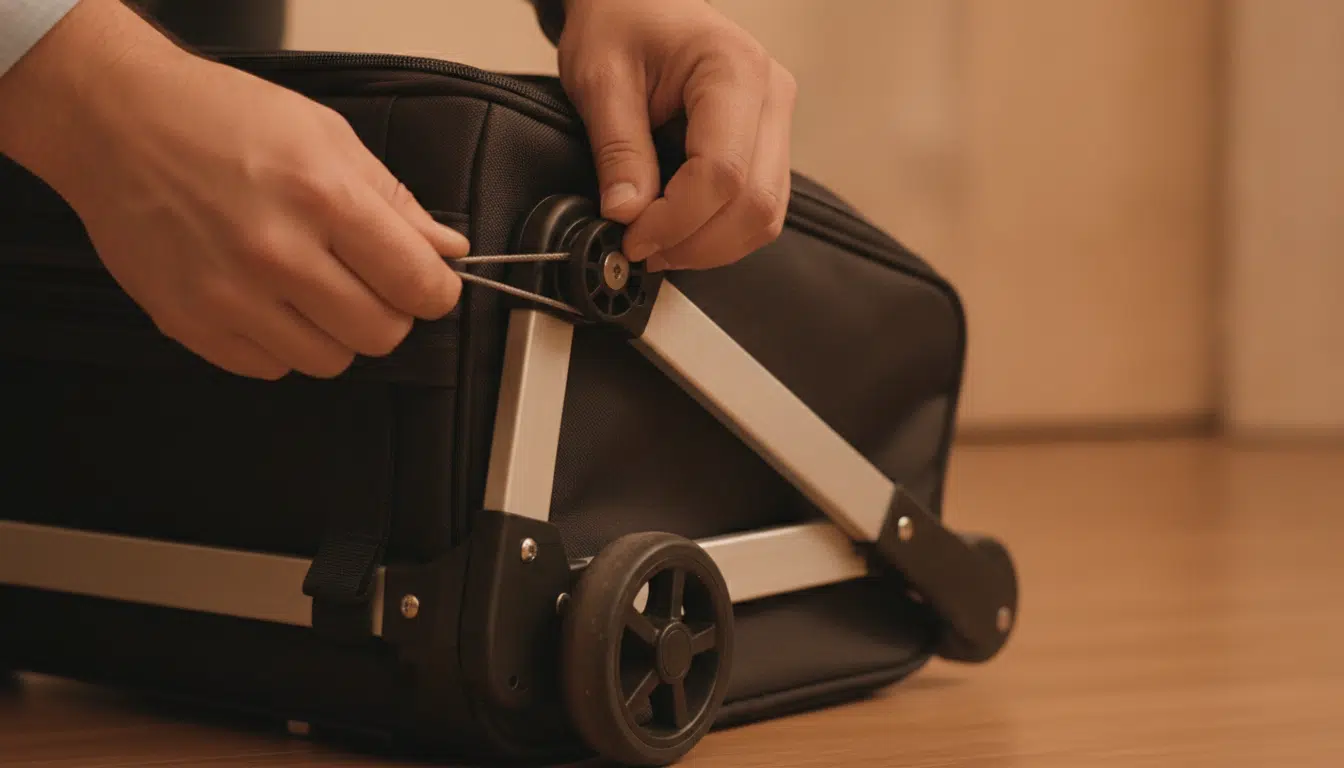 Mécanisme de pliage du sac Spacesaver de Decathlon