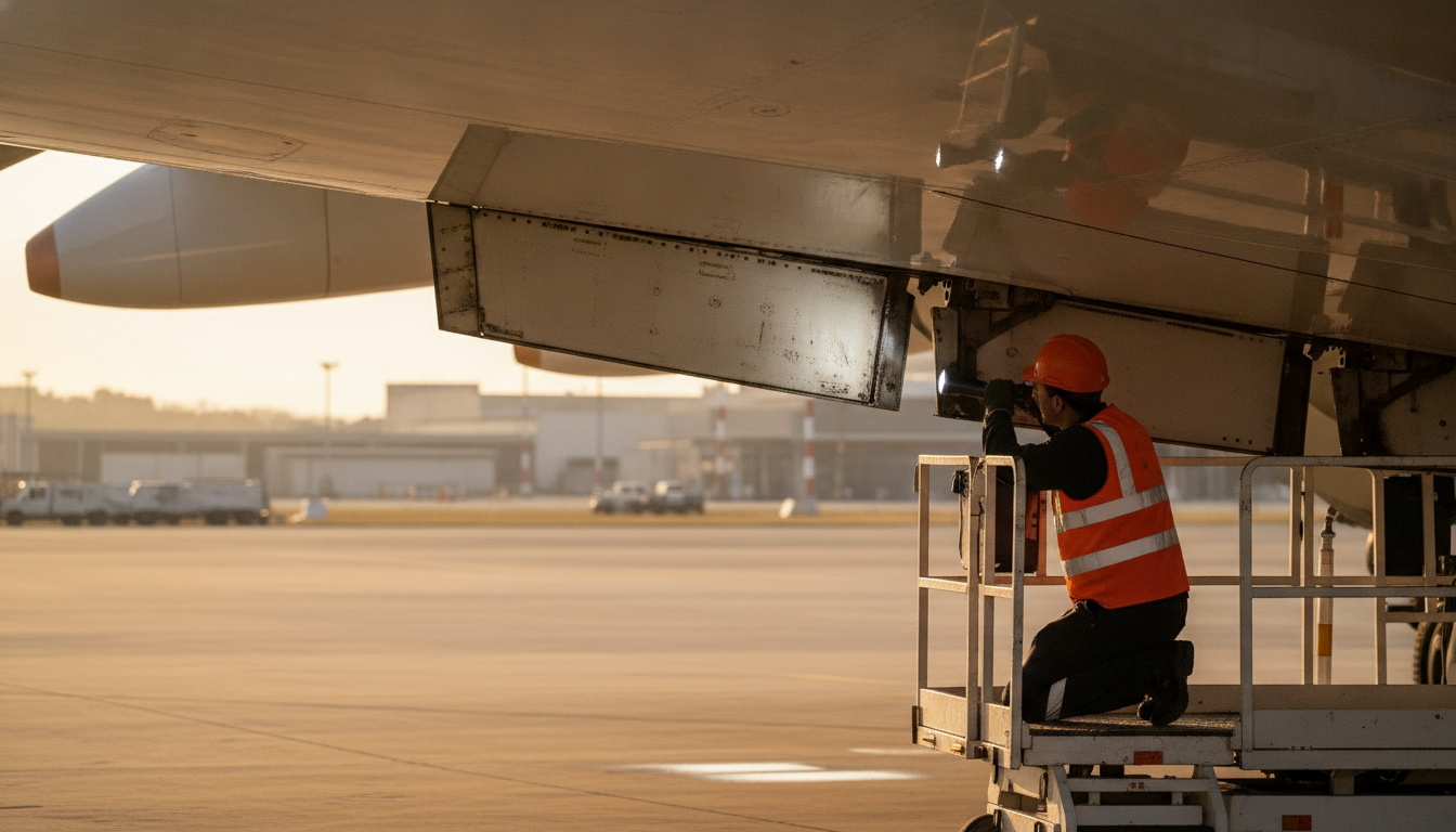 Inspection d'une aile d'Airbus A380 au sol