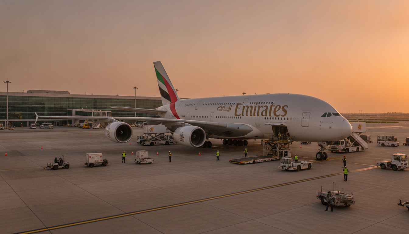 Airbus A380 d'Emirates stationné à l'aéroport de Dubaï