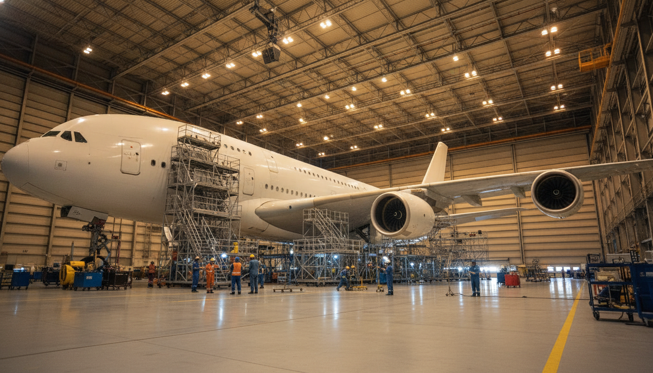 Airbus A380 en maintenance dans un hangar