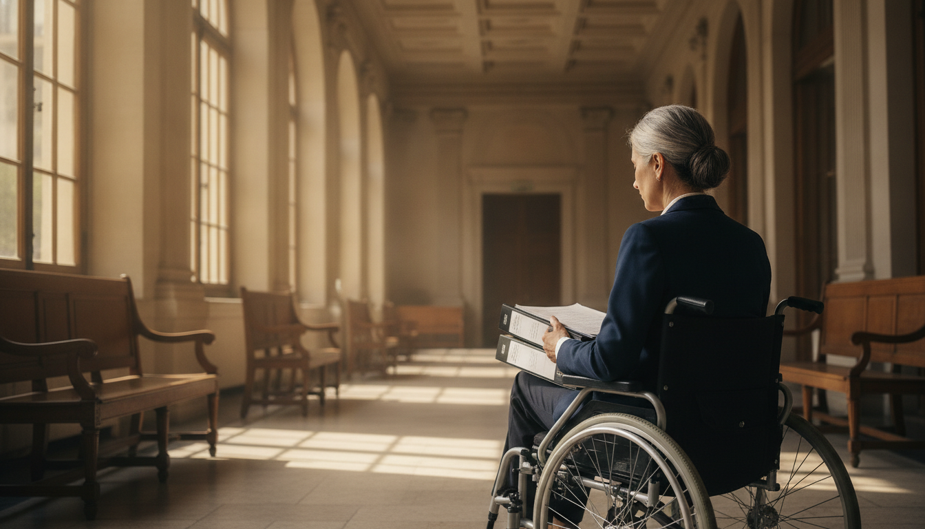 Femme en fauteuil roulant dans un couloir de tribunal