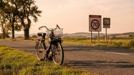 Solex vintage garé sur une route départementale française