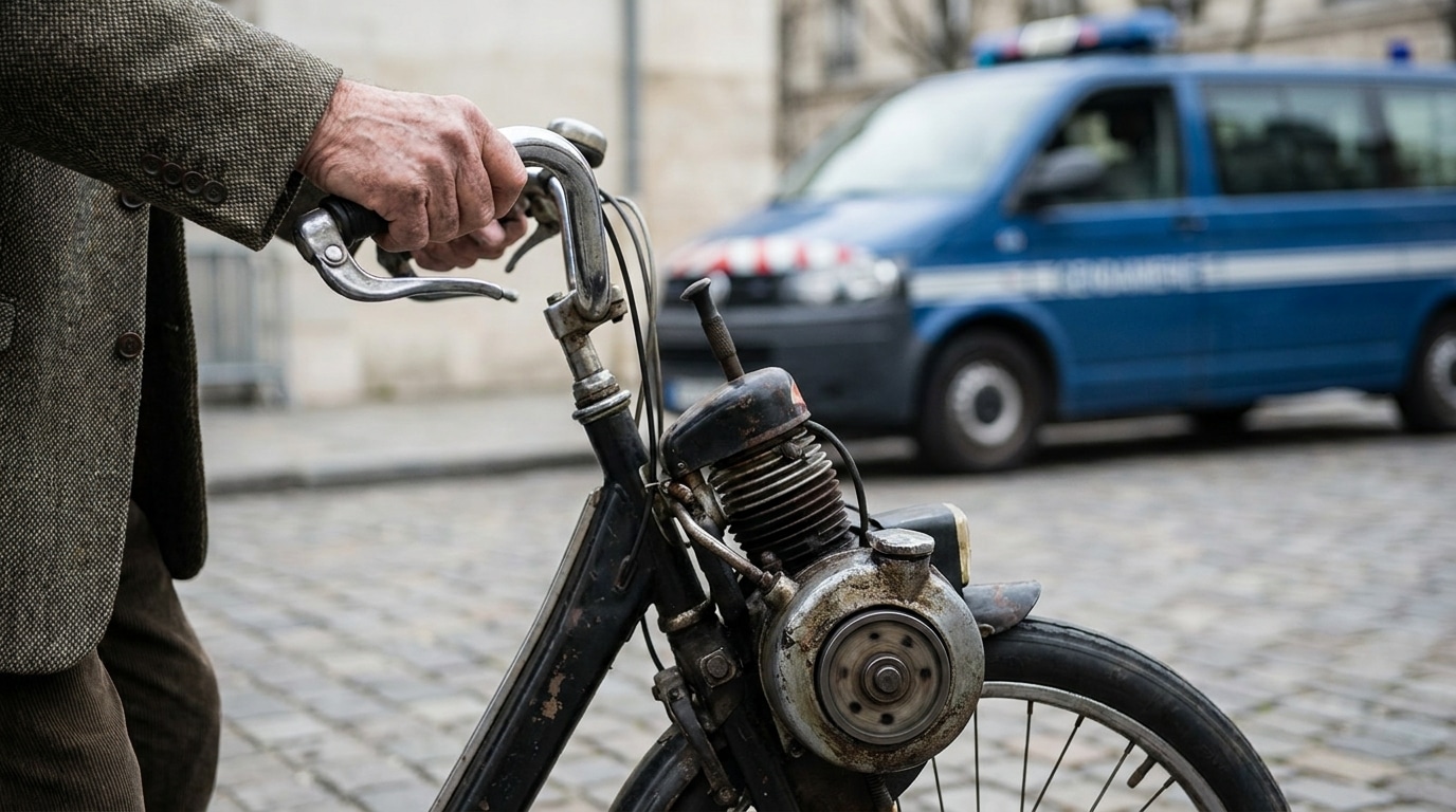 Mains d'un homme âgé sur le guidon d'un Solex