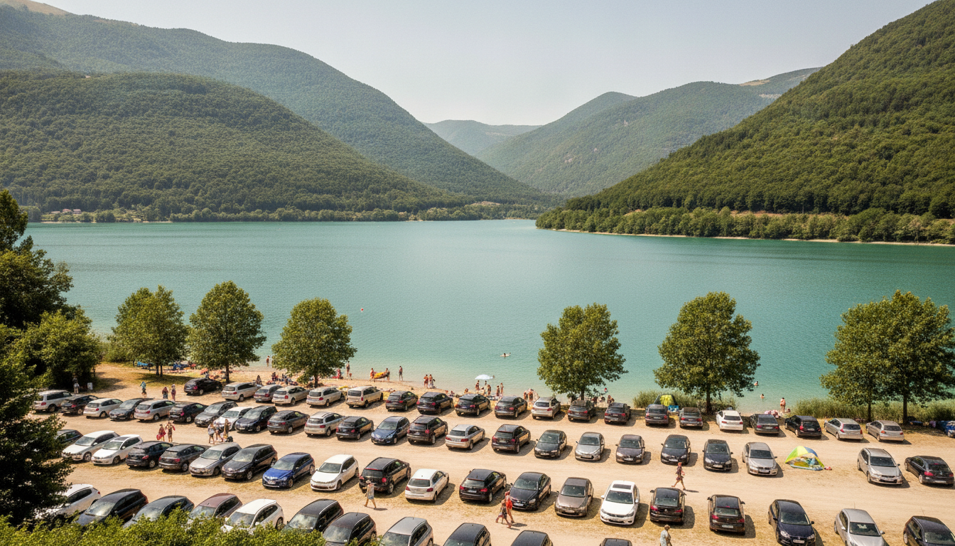 Lac d'Aiguebelette en Savoie avec parkings bondés en été