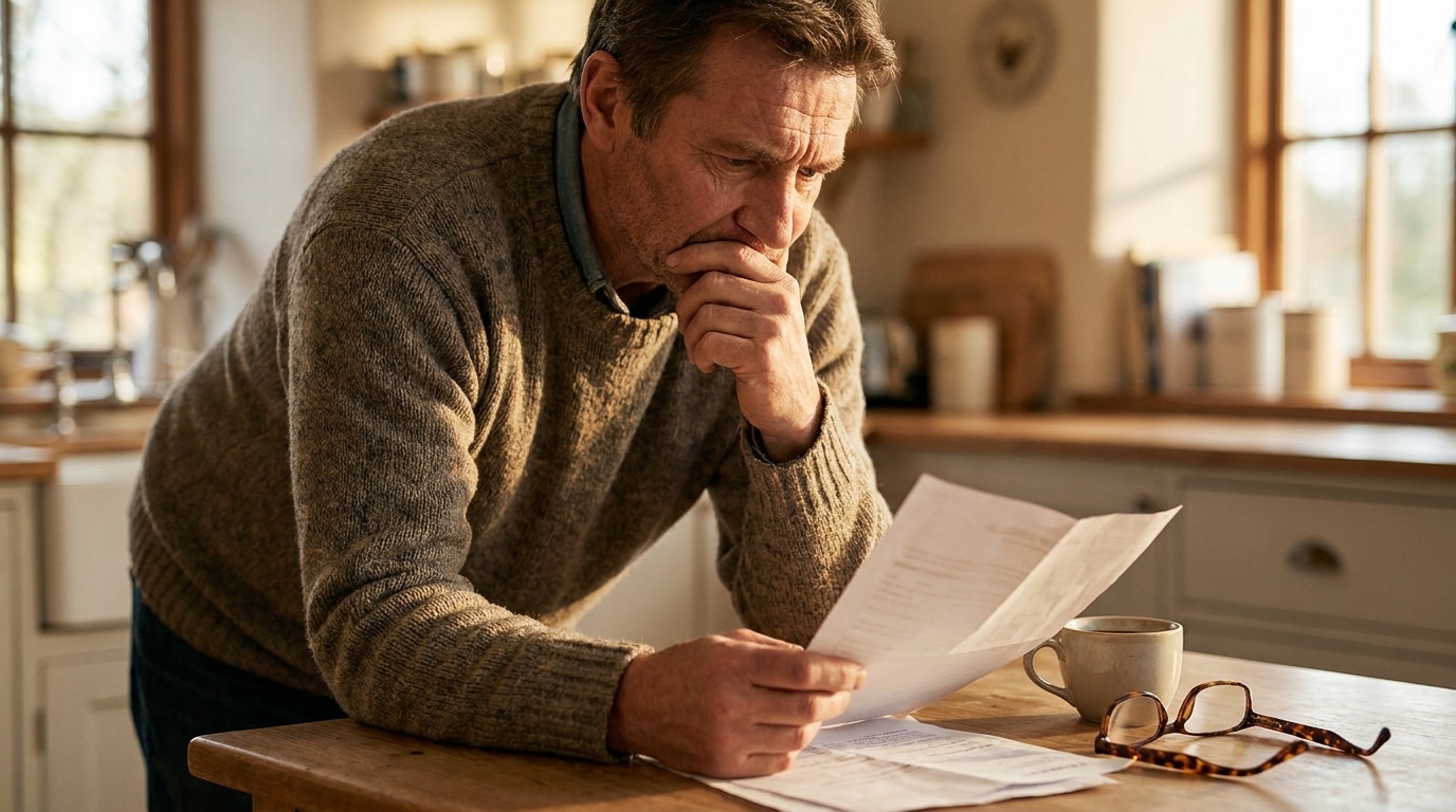 Homme inquiet lisant un relevé bancaire à table