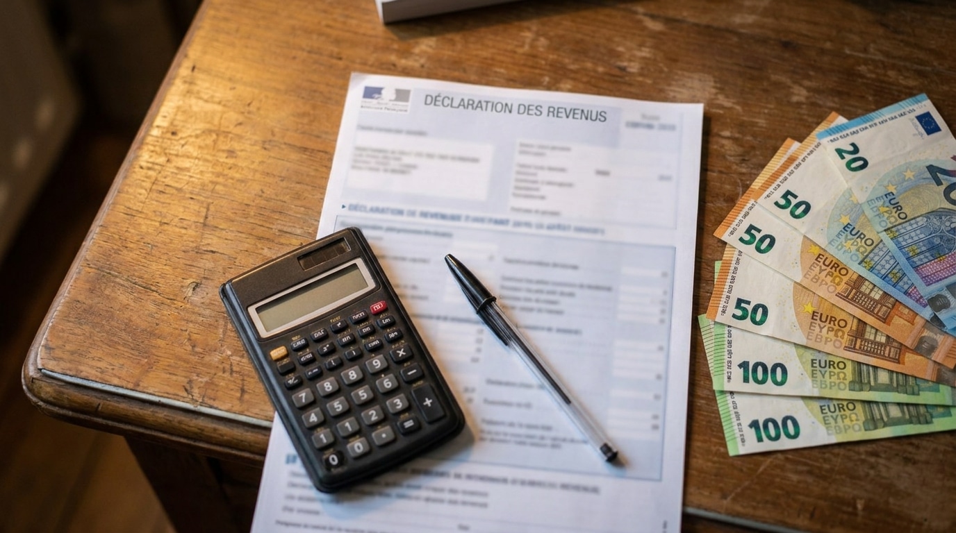 Déclaration fiscale française avec calculatrice et billets euros