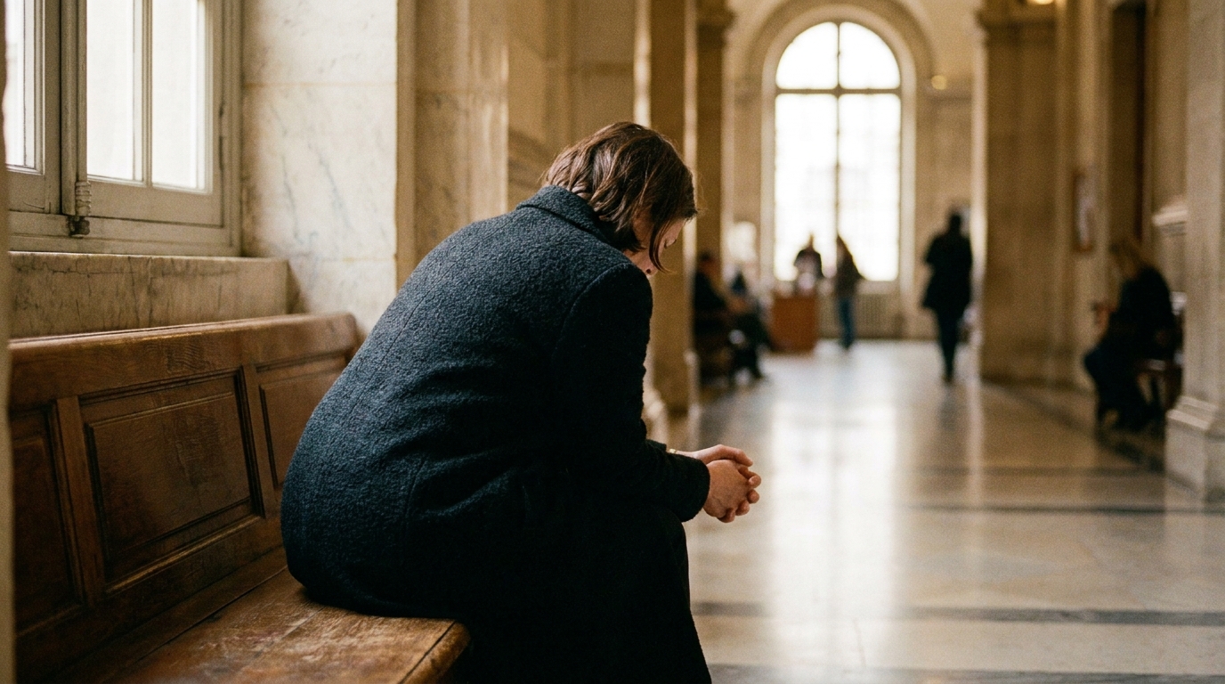 Femme assise seule sur un banc de tribunal