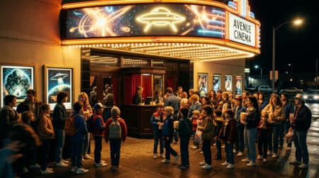 Foule devant un cinéma lors de la sortie de E.T. en 1982
