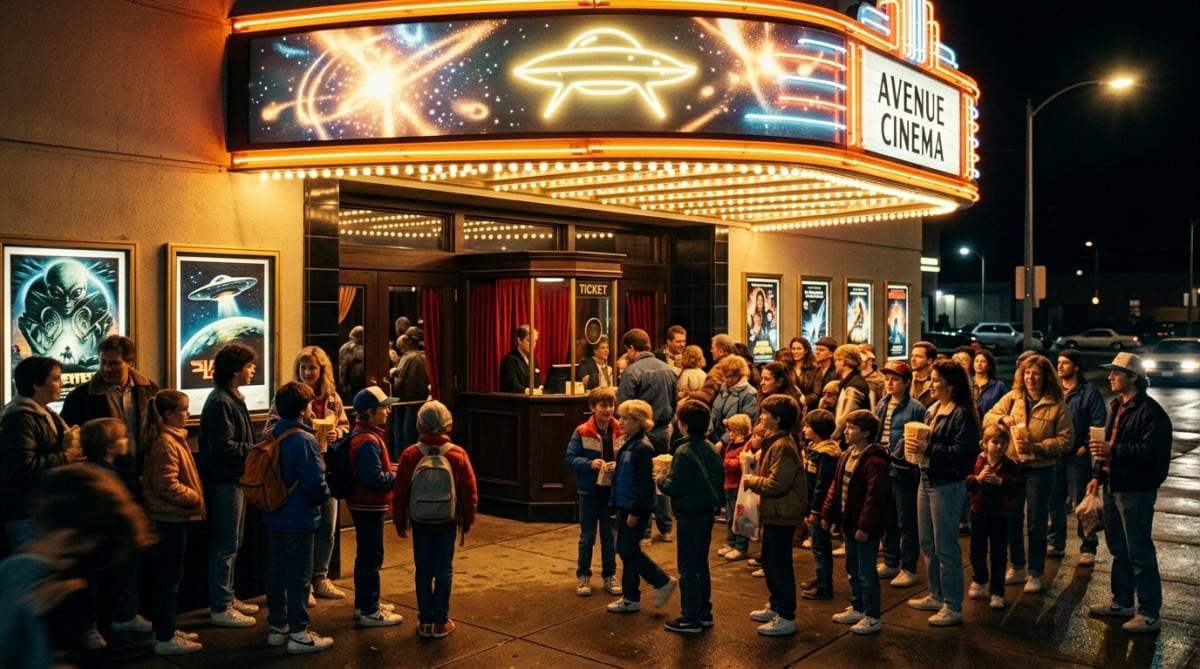 Foule devant un cinéma lors de la sortie de E.T. en 1982