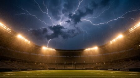 Éclairs au-dessus d'un stade américain illuminé la nuit