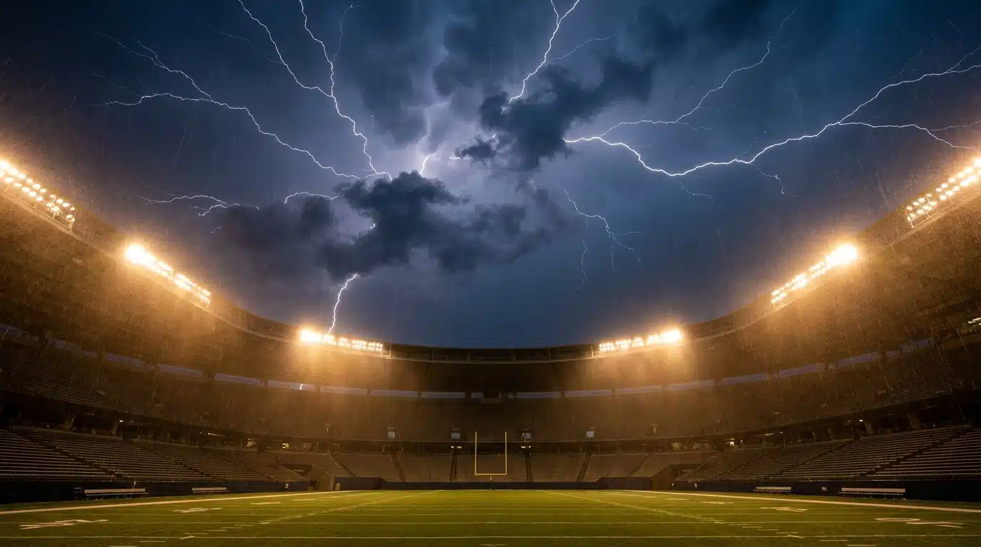 Éclairs au-dessus d'un stade américain illuminé la nuit