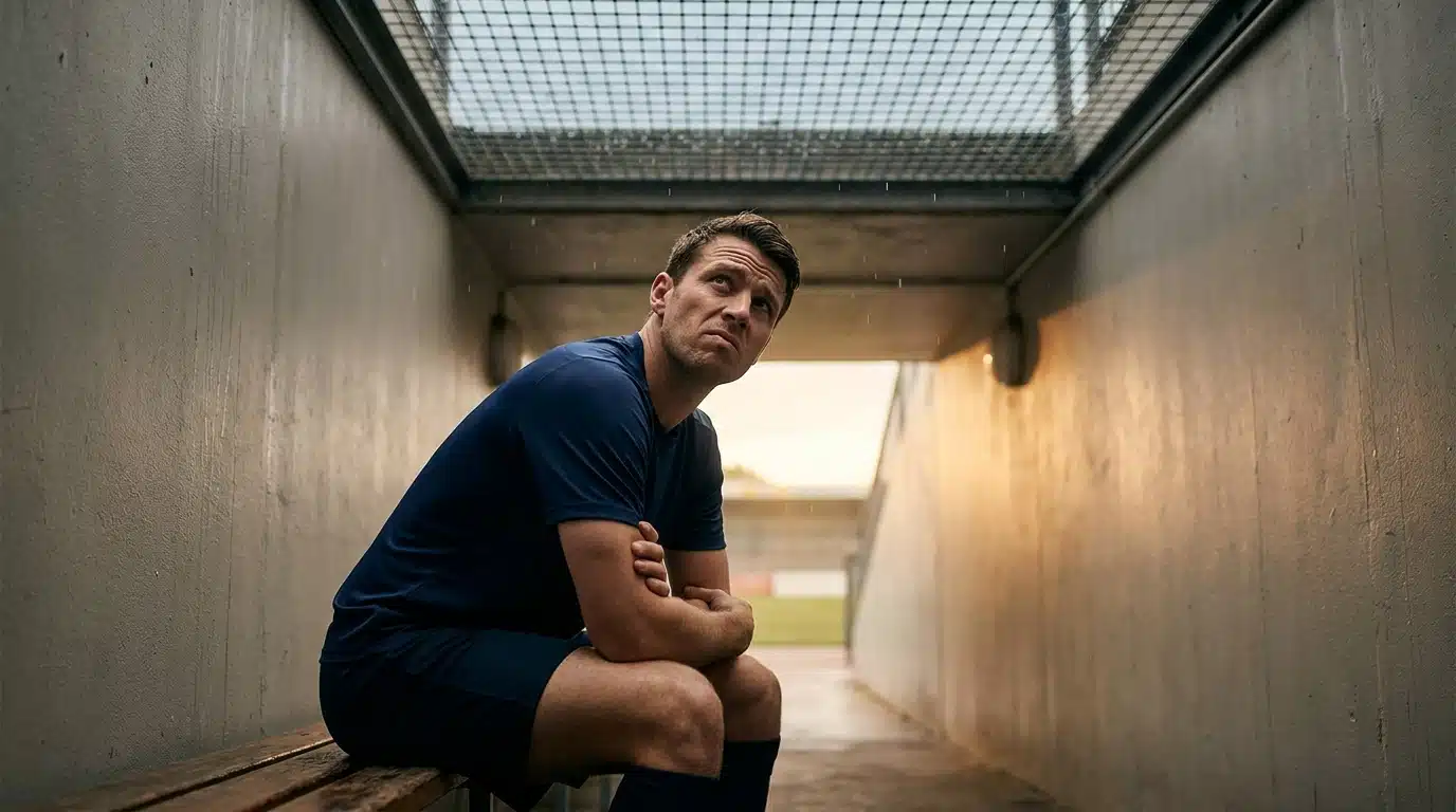 Joueur en maillot bleu assis dans un tunnel de stade