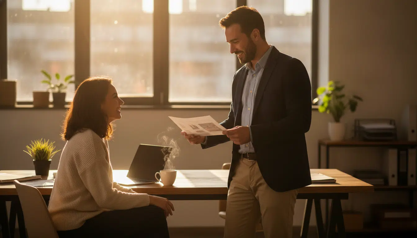 Employé montrant un mot d'excuse M6 au bureau