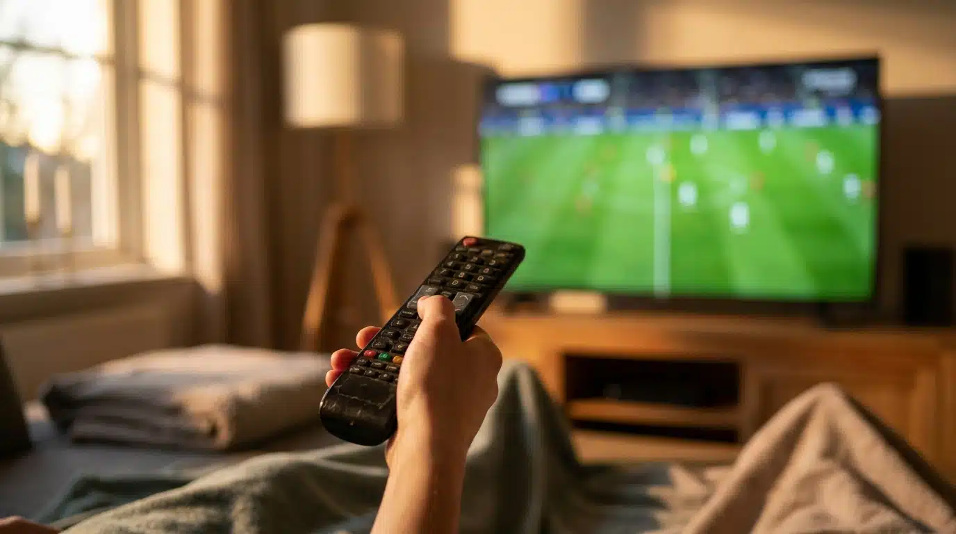 Télécommande pointée vers un écran diffusant un match de foot