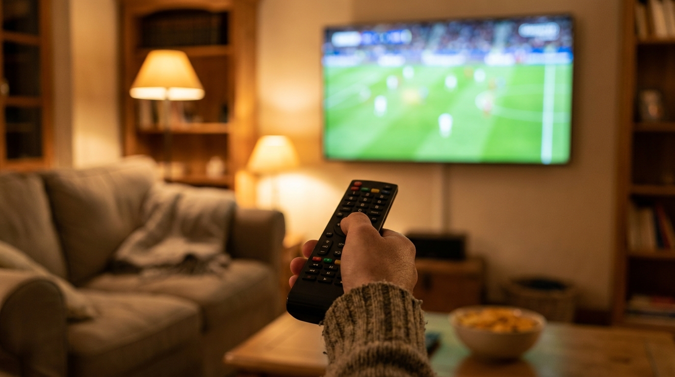 Télécommande pointée vers un écran diffusant un match
