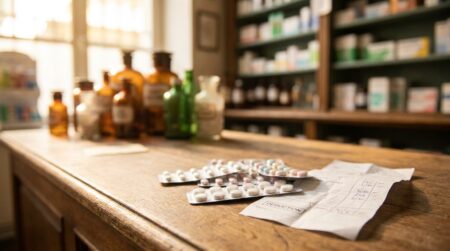 Boîtes de médicaments et ticket de caisse en pharmacie