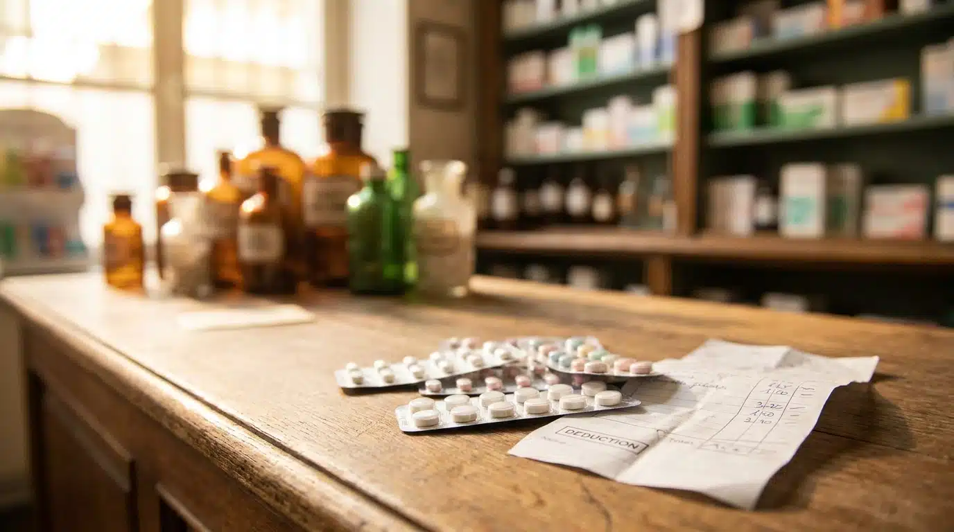 Boîtes de médicaments et ticket de caisse en pharmacie