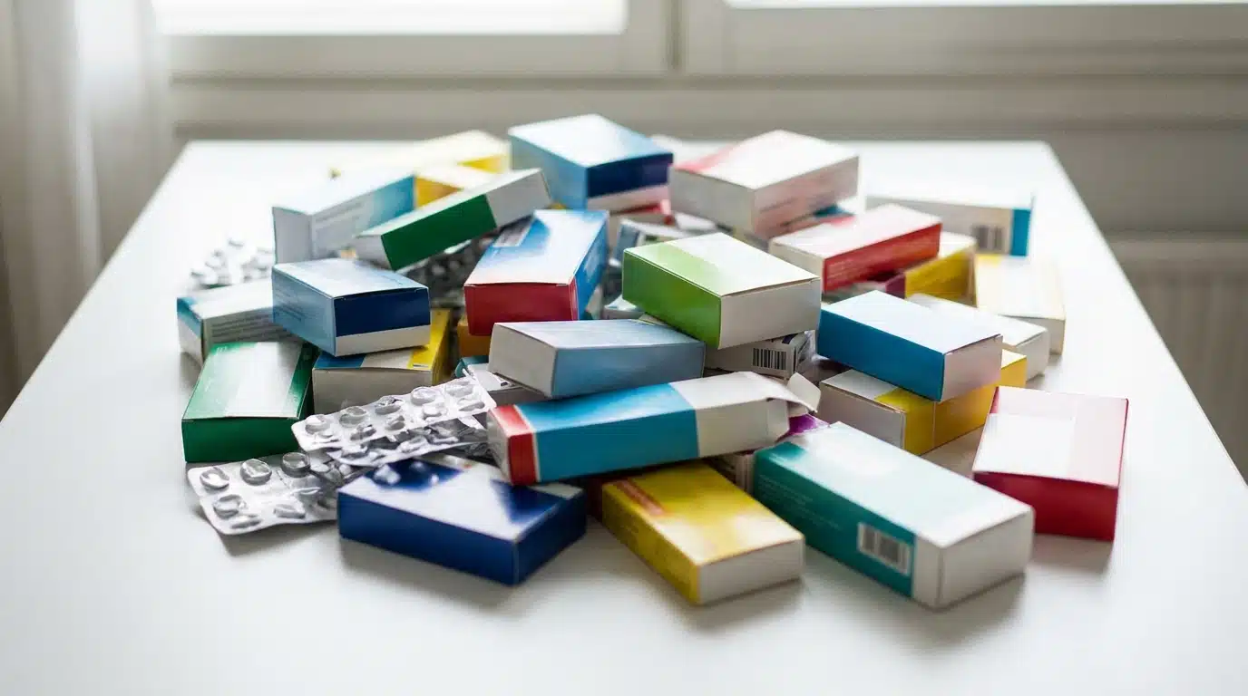 Nombreuses boîtes de médicaments colorées empilées sur une surface