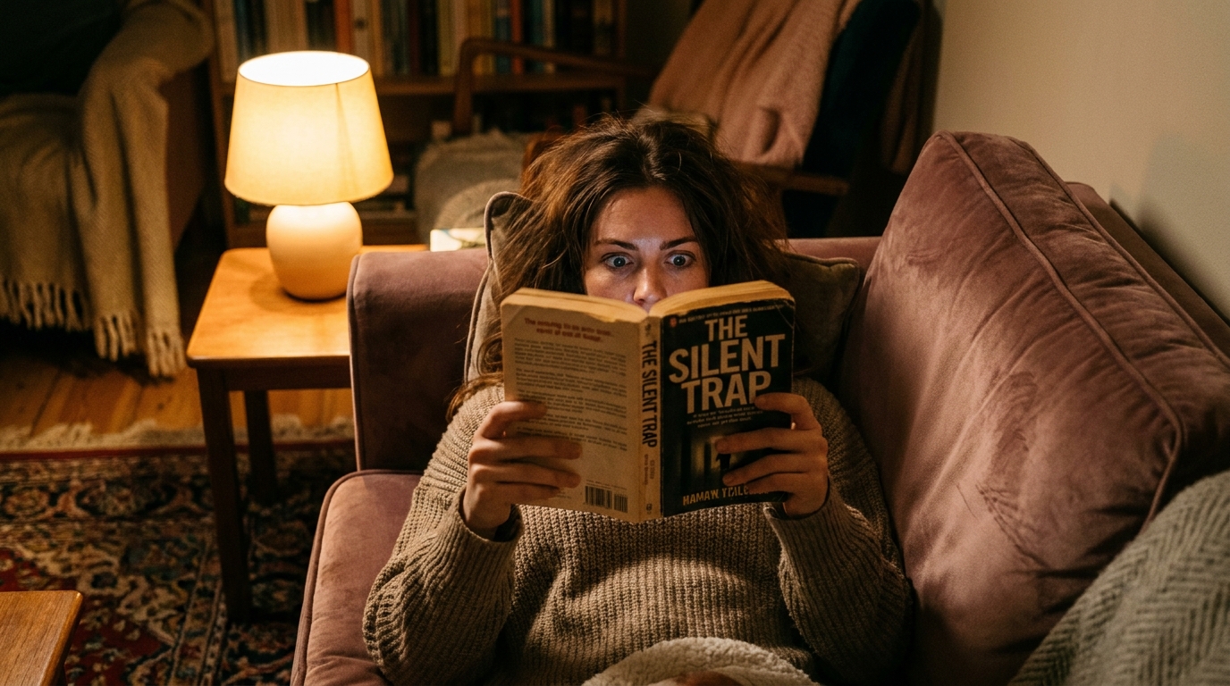 Femme absorbée par la lecture d'un thriller sur un canapé