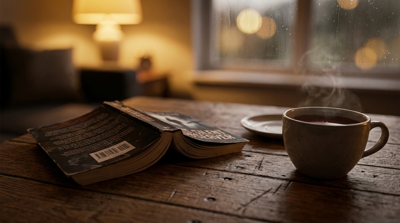 Roman thriller ouvert posé sur une table près d'une tasse