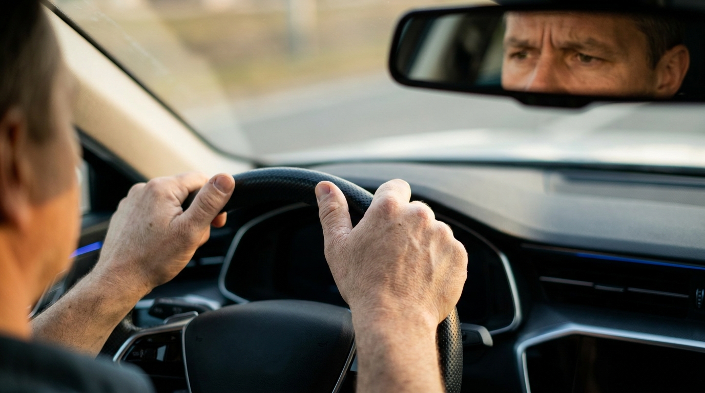 Mains crispées sur un volant de voiture moderne