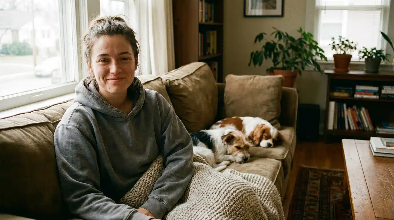 Jeune femme au repos avec deux chiens sur un canapé