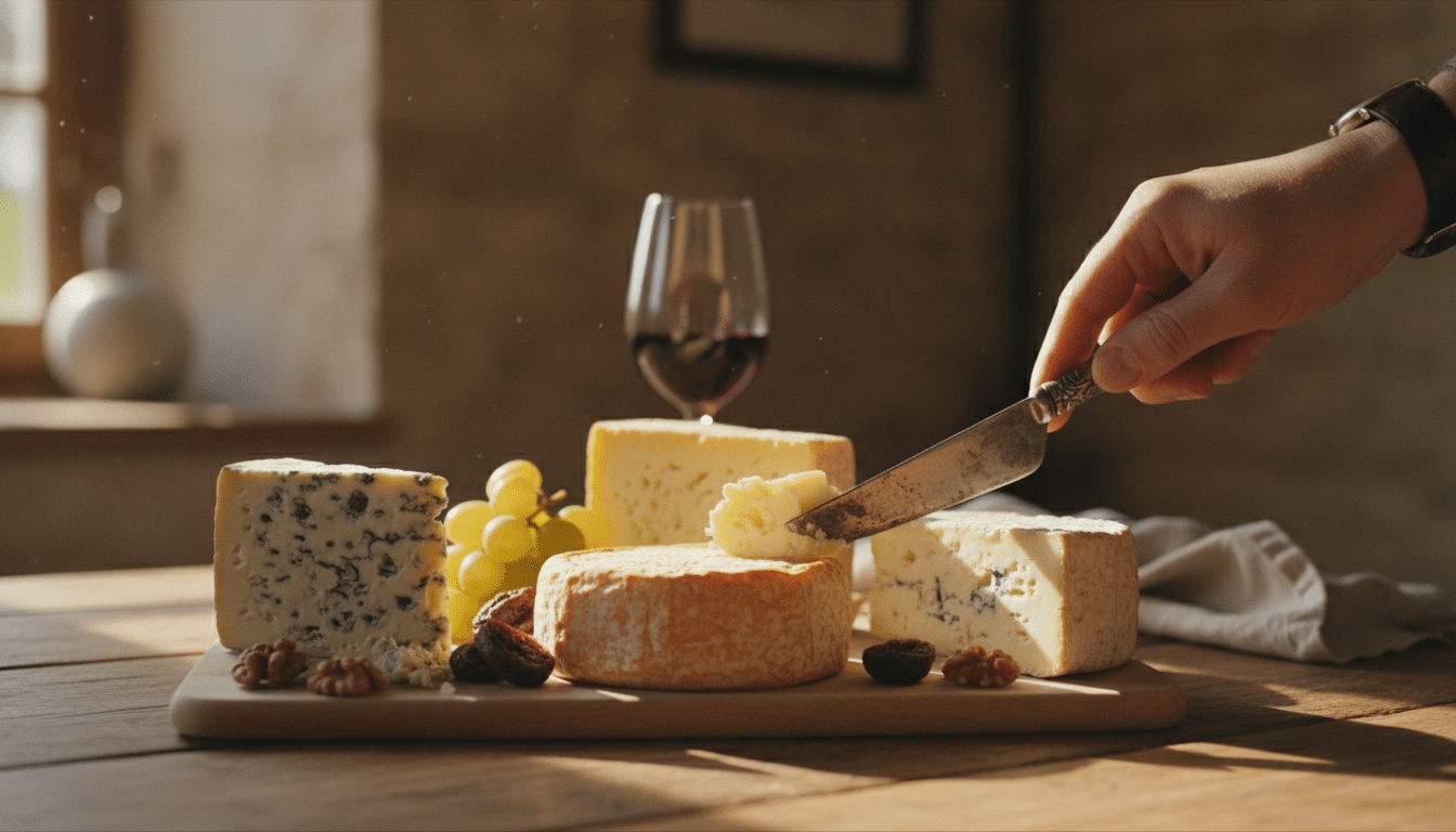 Plateau de fromages au lait cru français sur table en bois