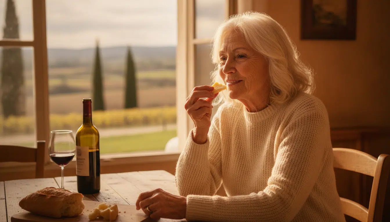 Femme souriante dégustant un morceau de fromage à table