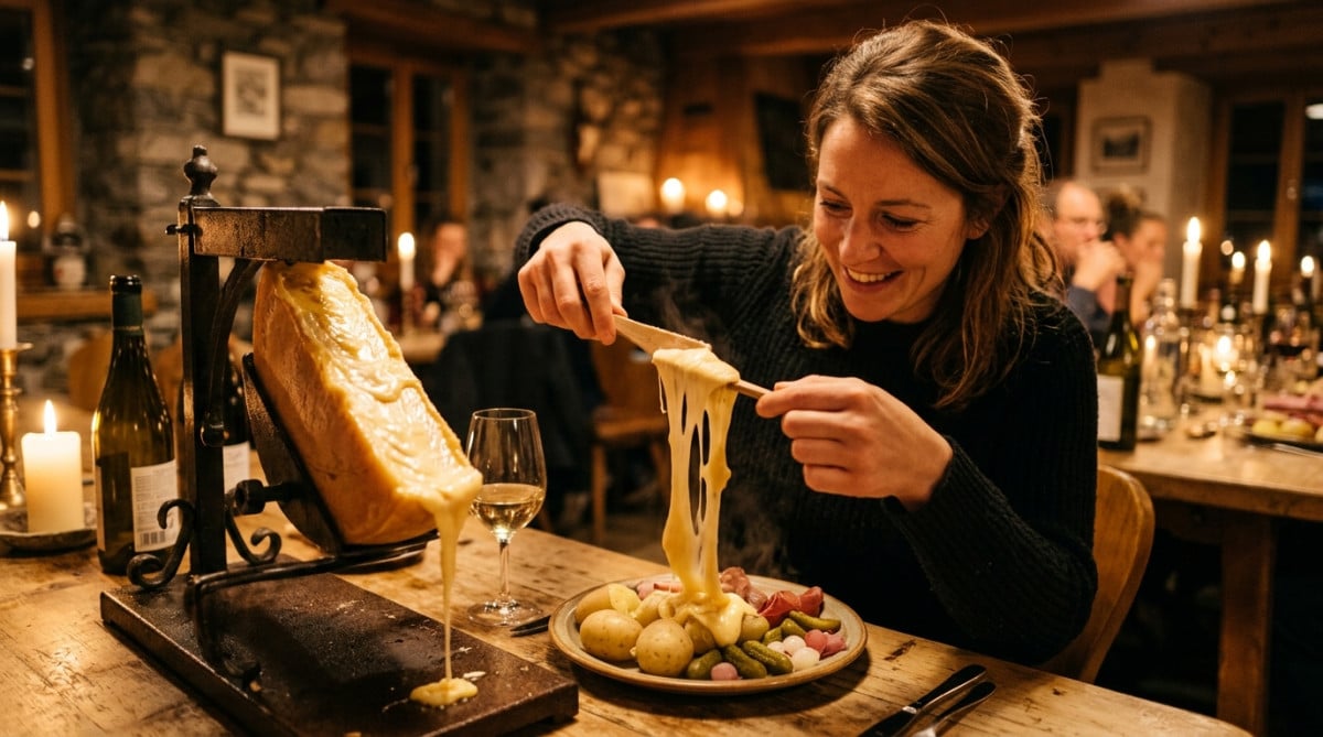 Fromage raclette fondu s'étirant en longs fils élastiques