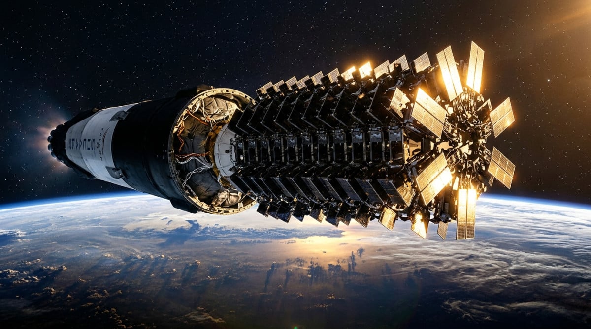 Fusée Falcon 9 déployant des satellites Starlink en orbite