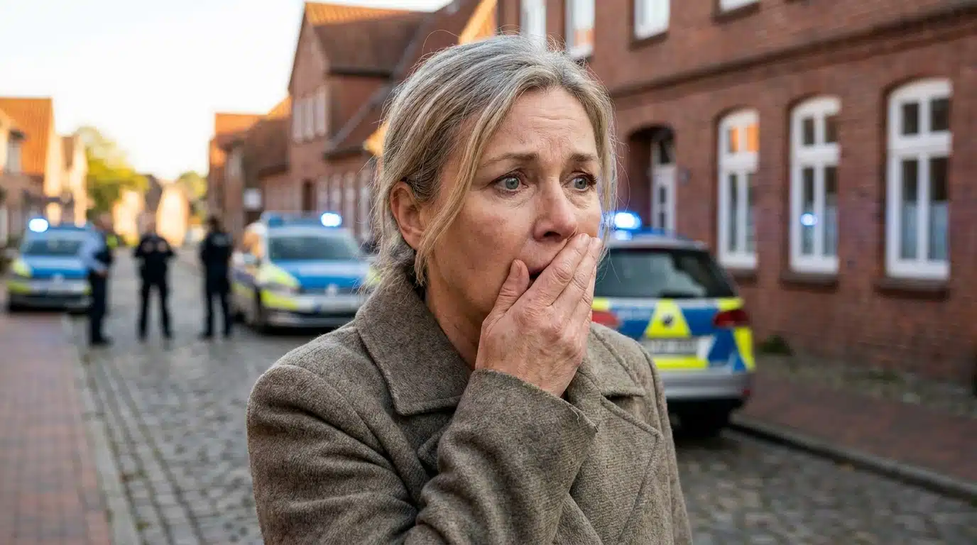 Femme choquée devant des véhicules de police dans une rue allemande