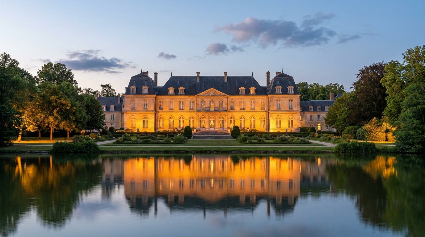 Façade illuminée d'un château français au crépuscule