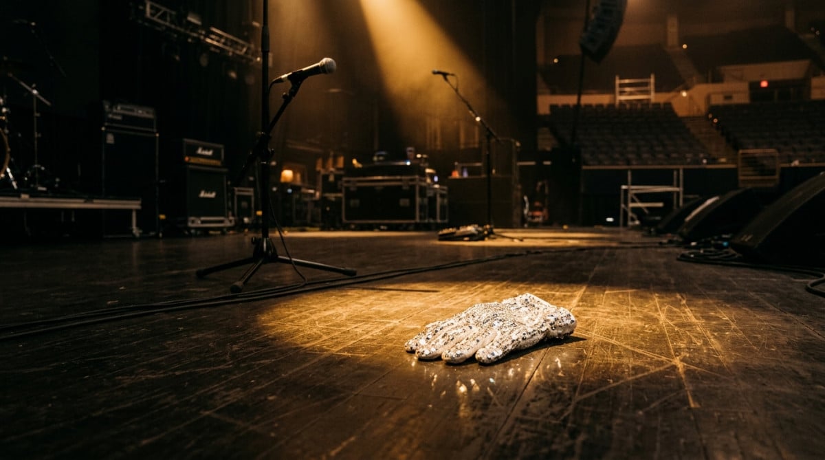 Gant à paillettes posé sur une scène de concert vide sous un projecteur doré