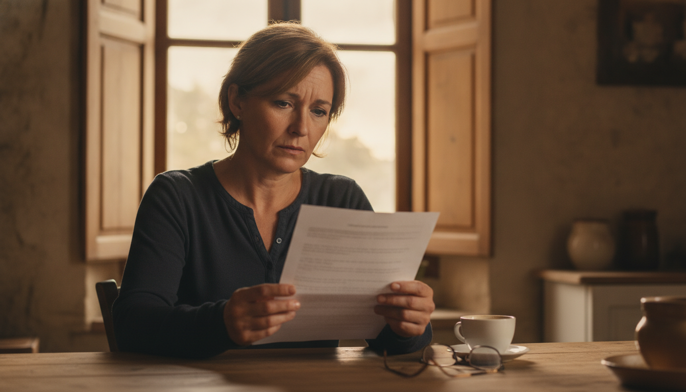 Propriétaire inquiet lisant un courrier fiscal à son domicile