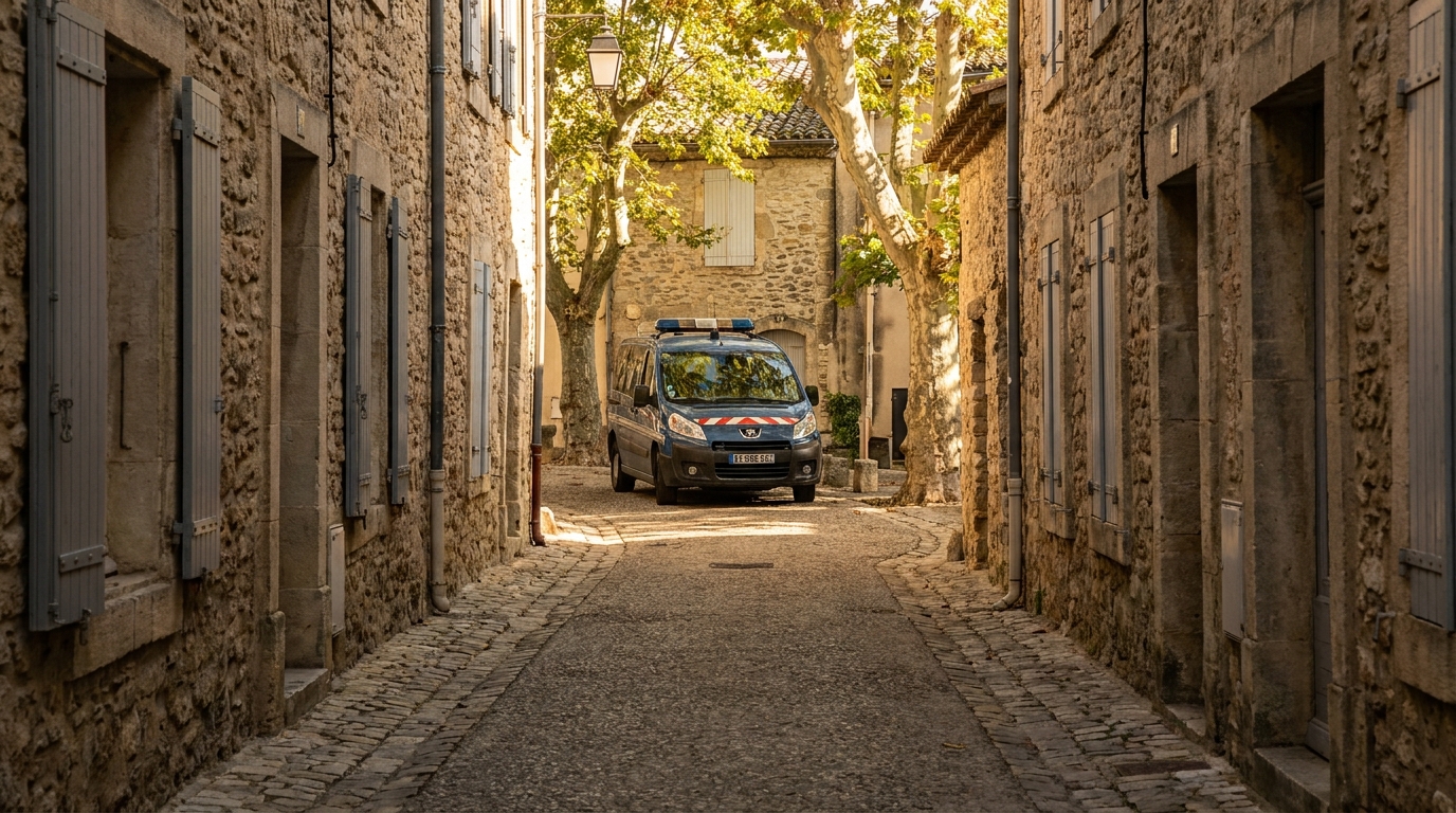 Rue calme d'un village du Gard avec véhicule de gendarmerie