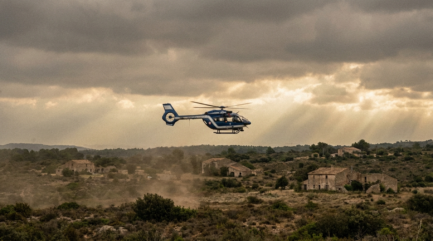 Hélicoptère de gendarmerie survolant la campagne gardoise