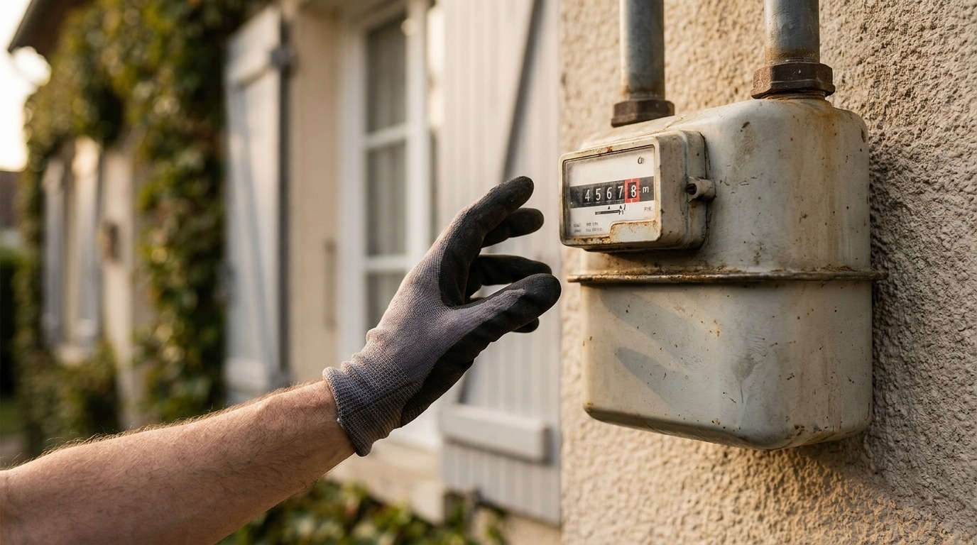 Compteur de gaz résidentiel sur façade de maison