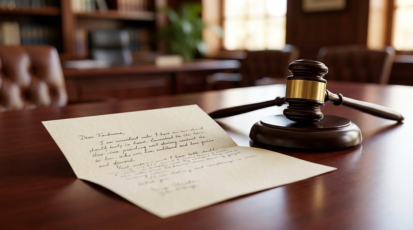 Marteau de juge posé sur un bureau près d'une lettre