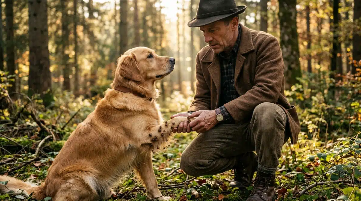George de Mestral examine des bardanes sur son chien dans les Alpes
