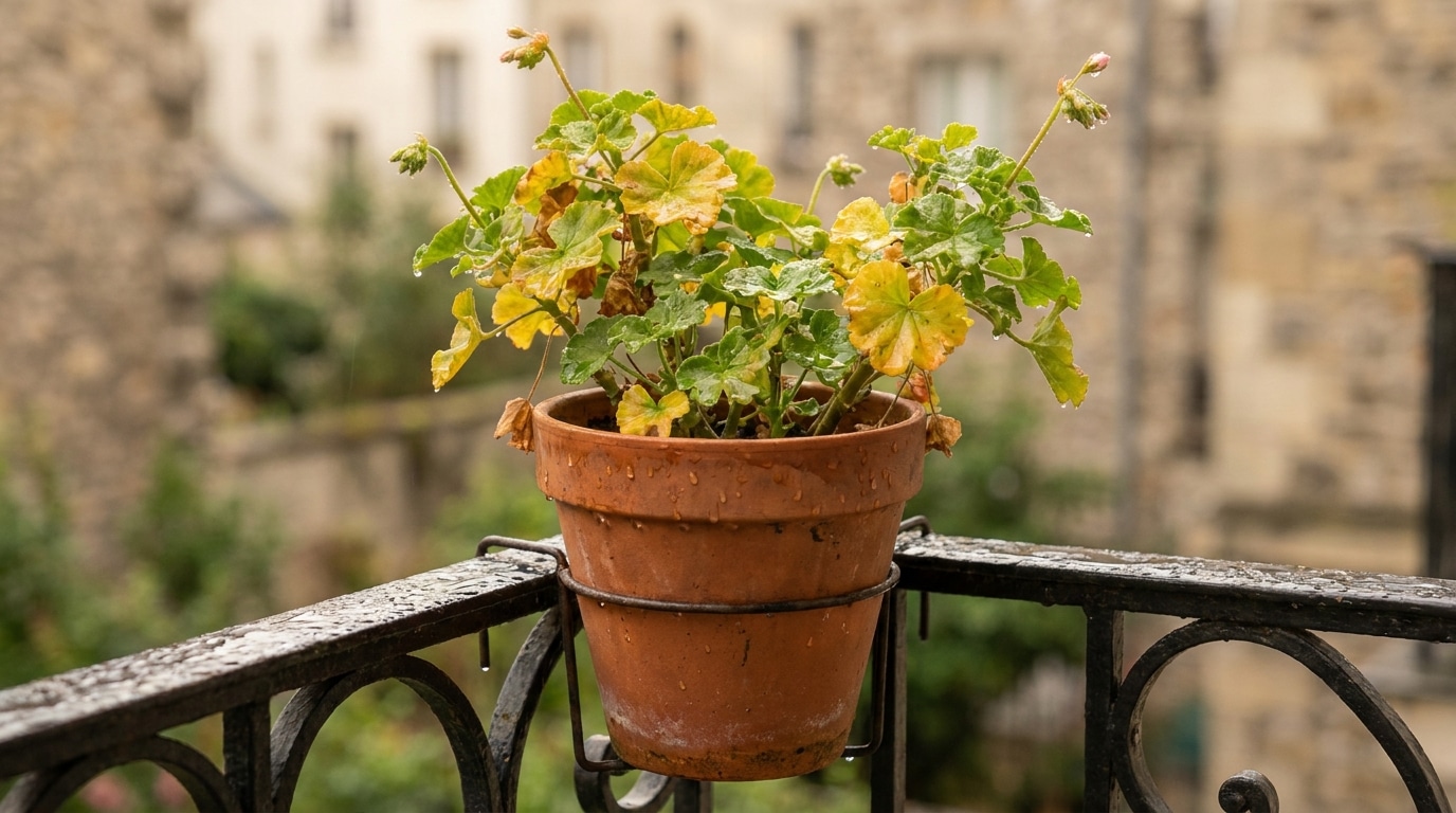 Géraniums aux feuilles jaunies dans un pot en terre cuite après la pluie