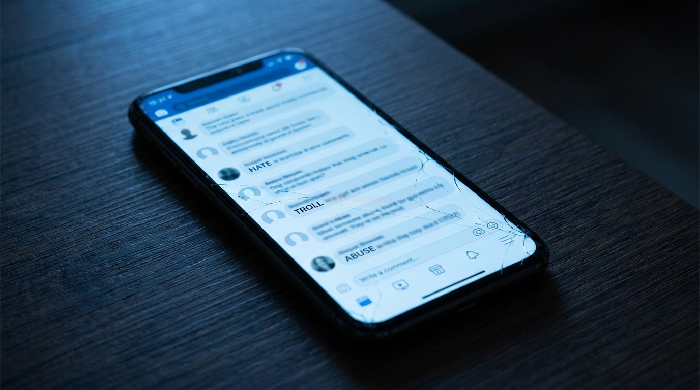 Écran de smartphone éclairé affichant des commentaires haineux sur les réseaux sociaux