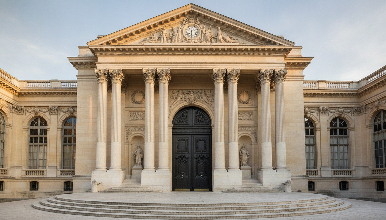 Entrée d'un grand bâtiment parisien évoquant la discrétion et le secret autour de la grossesse de Carla Bruni