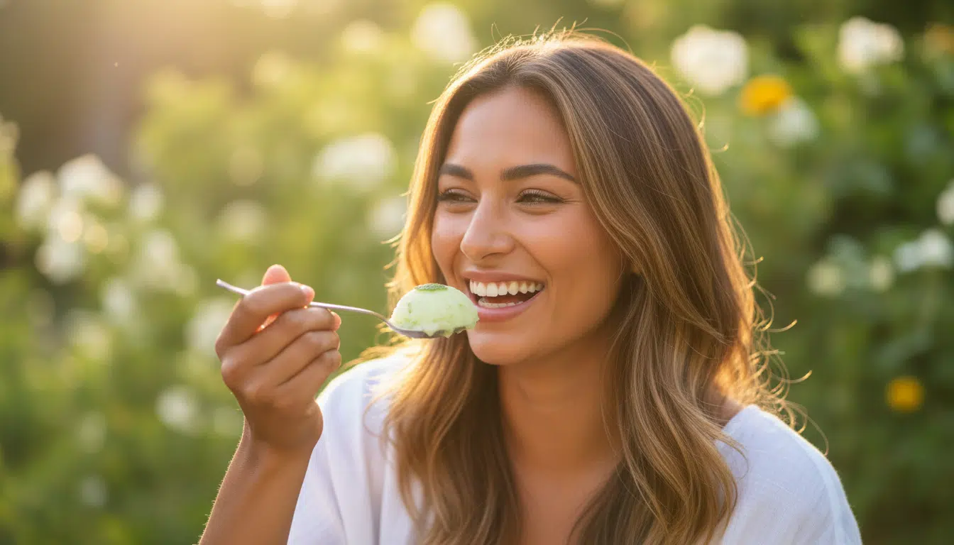 Femme souriante dégustant un sorbet vert au concombre