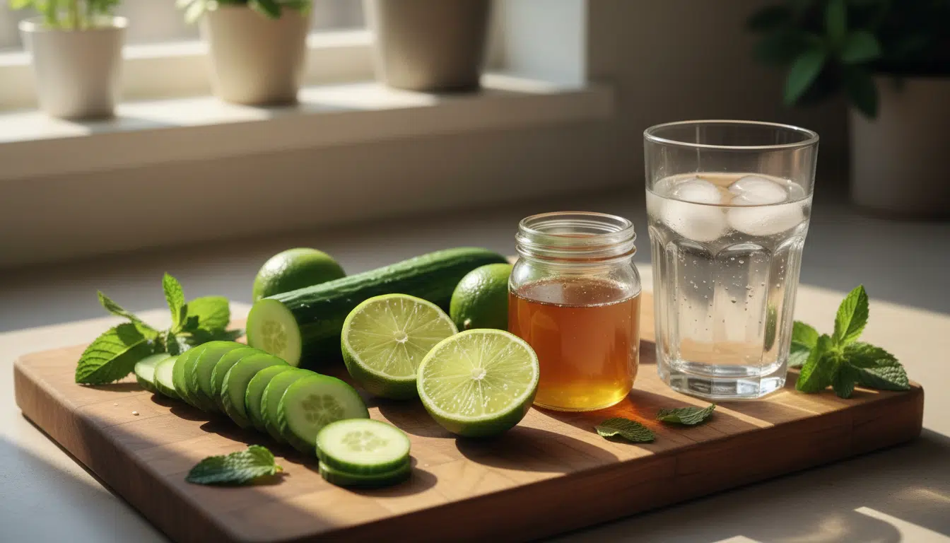 Ingrédients frais pour la recette de glace concombre citron vert