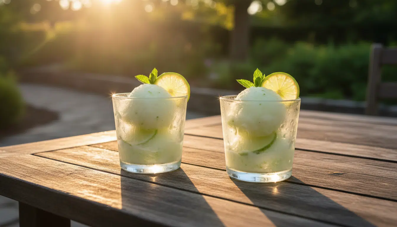 Coupes de sorbet concombre citron vert menthe sur table estivale
