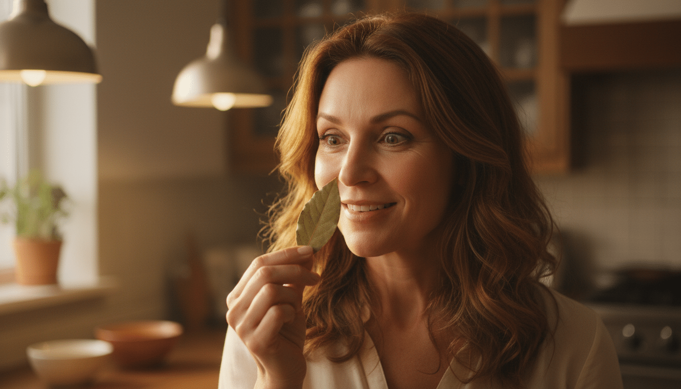 Femme surprise tenant une feuille de laurier en cuisine