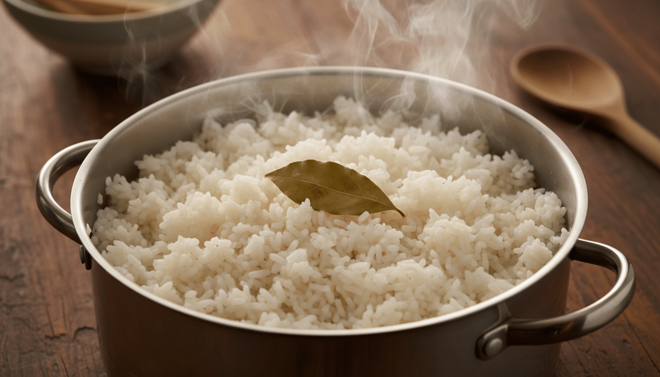Feuille de laurier dans une casserole de riz fumant