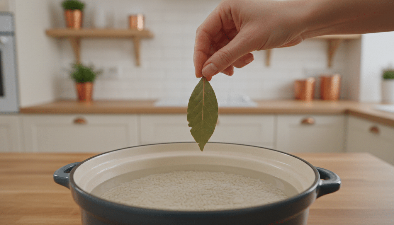 Main ajoutant une feuille de laurier dans l'eau de cuisson du riz